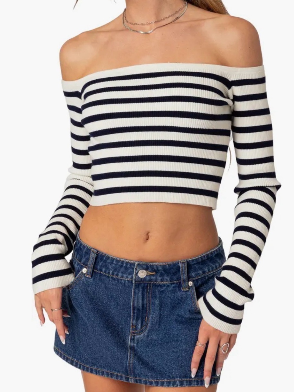 Edikted Black and White Striped Off-Shoulder Long Sleeve Crop Top